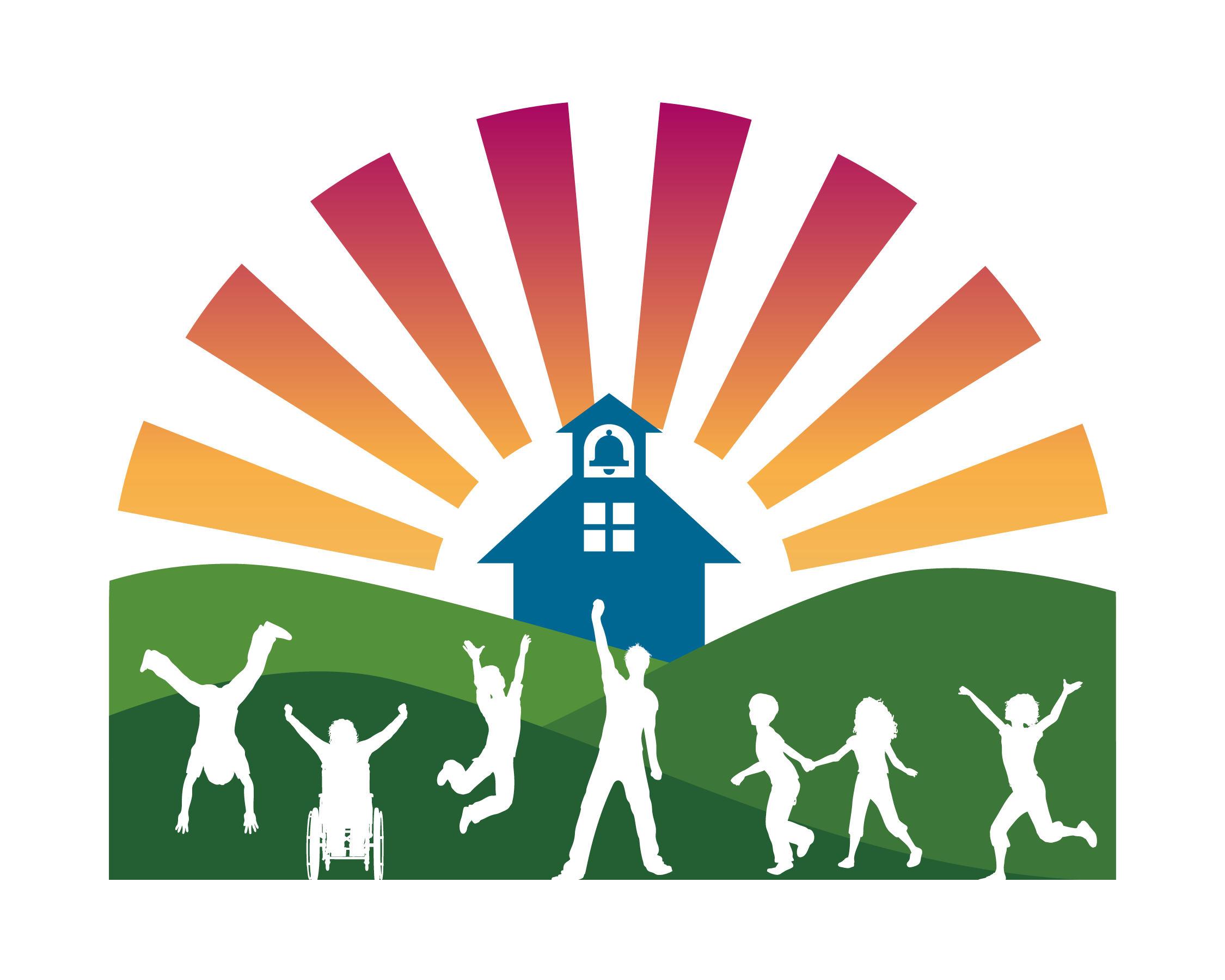 BEST logo. A blue schoolhouse on a green hill with children playing