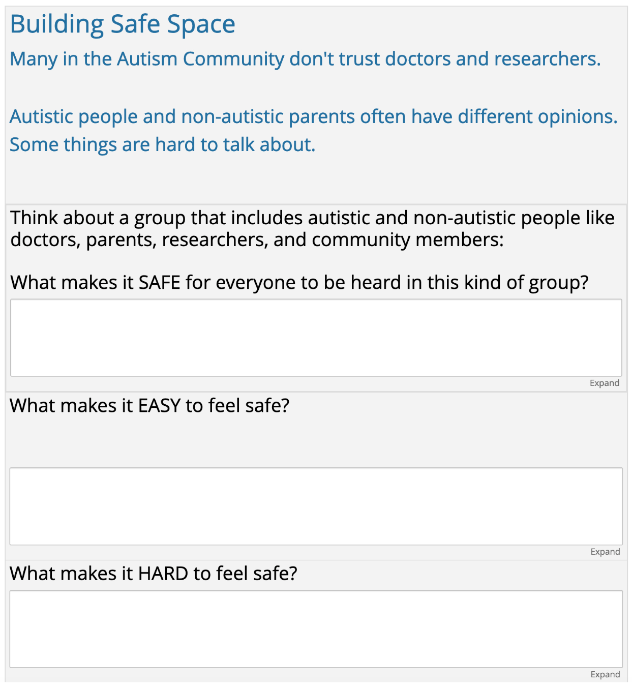 Screen shot of a sample survey. The text reads: Building Safe Space, Many in the Autism Community don't trust doctors and researchers. Autistic people and non-autistic parents often have different opinions. Some things are hard to talk about. Think about a group that includes autistic and non-autistic people like doctors, parents, researchers, and community members: What makes it SAFE for everyone to be heard in this kind of group? Text box for data entry. What makes it EASY to feel safe? Text box for data entry. What makes it HARD to feel safe? Text box for data entry.